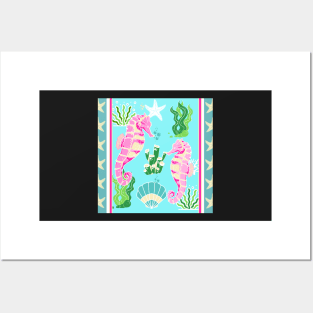 BEACH HOUSE PRINTS DECOR IDEAS AND MORE BLUE TEAL PINK SEAHORSE STARFISH SEAWEED STRIPES Posters and Art